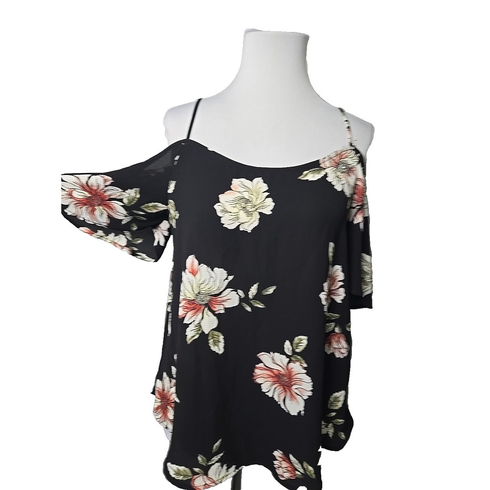 Kaileigh Black Floral Cold Shoulder Top Size Small S